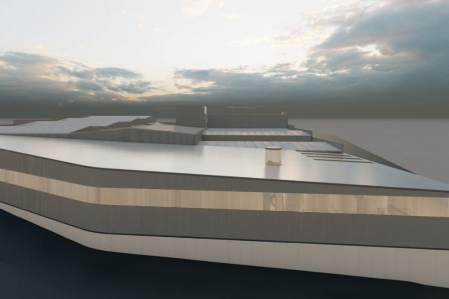 Render arquitectónico de edificio industrial contemporáneo con diseño volumétrico limpio y funcional